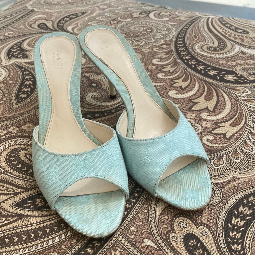 Baby blue Gucci slides